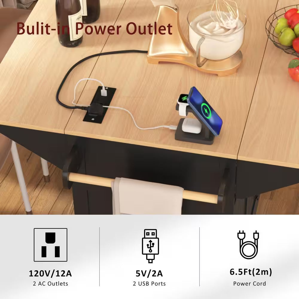 Rolling Black Double Drop Leaf Wood Tabletop 56 In. Kitchen Island with Power Outlet and Adjustable Shelves