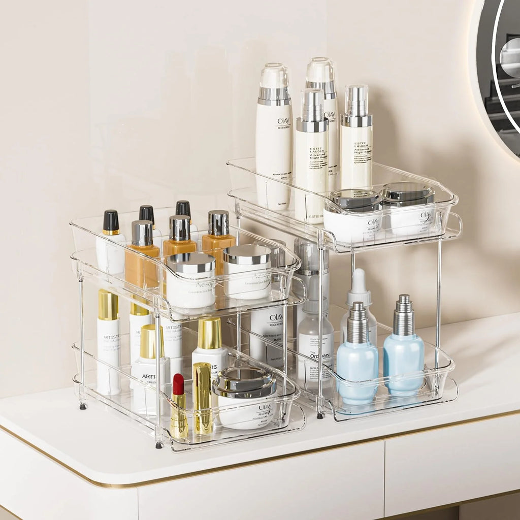 2 Sets of 2-Tier Clear under Sink Organizers and Storage, Multi-Purpose Stackable Cabinet Organizers, Pull Out Bathroom Organization and Storage with Dividers