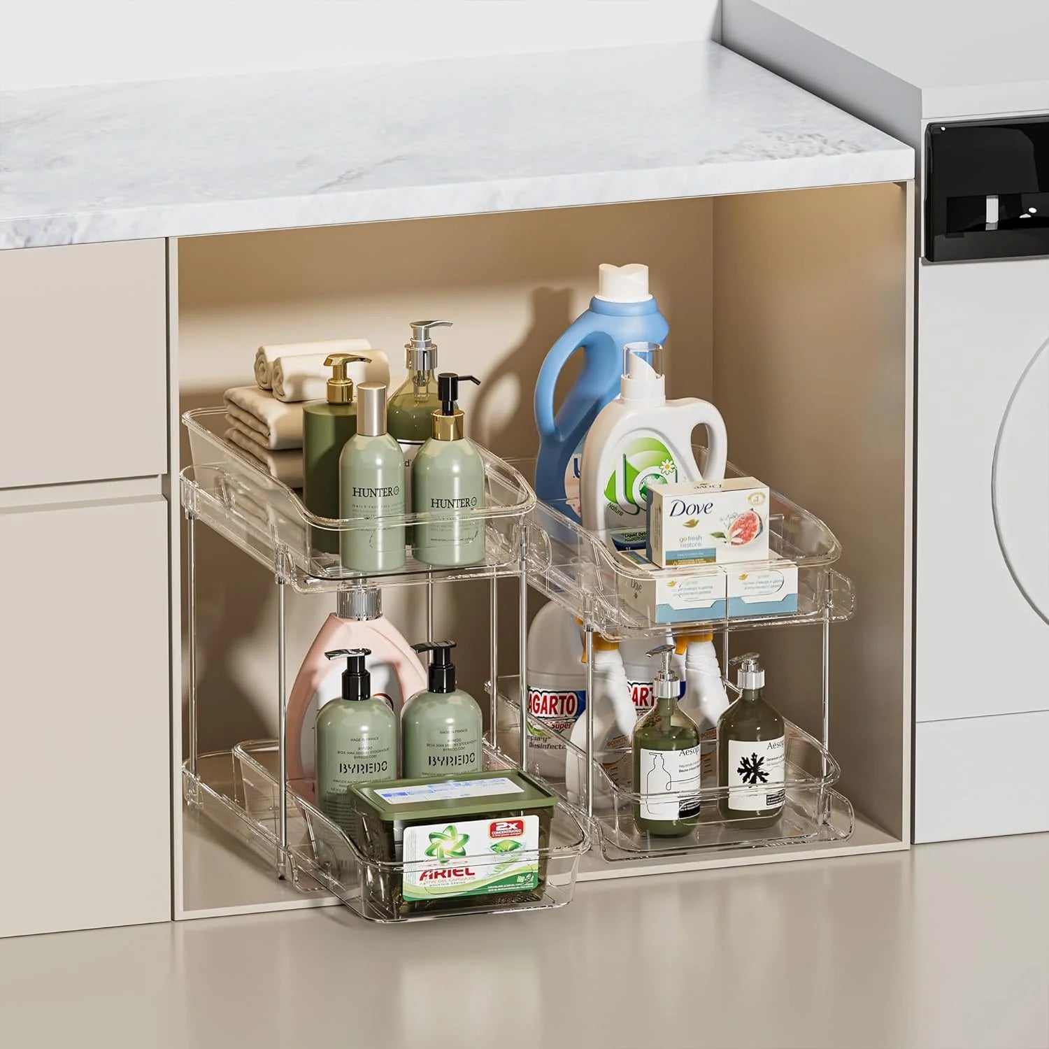 2 Sets of 2-Tier Clear under Sink Organizers and Storage, Multi-Purpose Stackable Cabinet Organizers, Pull Out Bathroom Organization and Storage with Dividers