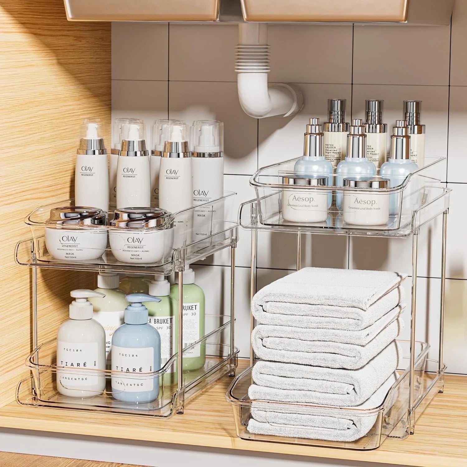 2 Sets of 2-Tier Clear under Sink Organizers and Storage, Multi-Purpose Stackable Cabinet Organizers, Pull Out Bathroom Organization and Storage with Dividers