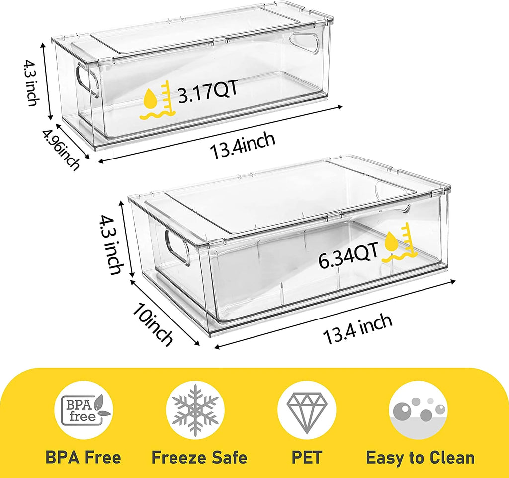 4 Pack Refrigerator Organizer Bins with Pull-Out Drawer Stackable Clear Fridge Drawer Organizer Fruit Vegetable Storage Containers for Kitchen Pantry Organization (2 Large+2 Small)
