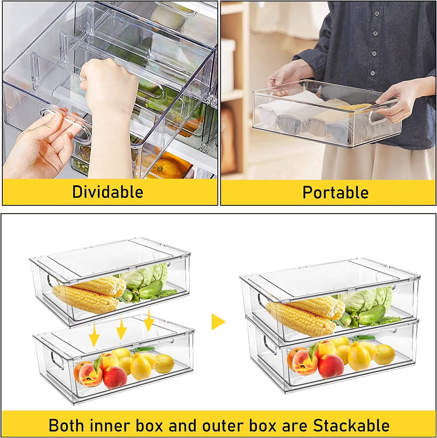 4 Pack Refrigerator Organizer Bins with Pull-Out Drawer Stackable Clear Fridge Drawer Organizer Fruit Vegetable Storage Containers for Kitchen Pantry Organization (2 Large+2 Small)