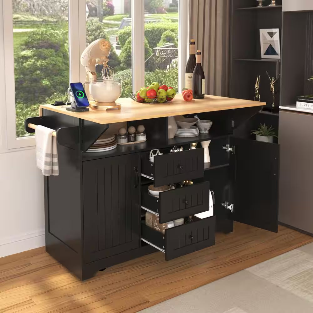 Rolling Black Double Drop Leaf Wood Tabletop 56 In. Kitchen Island with Power Outlet and Adjustable Shelves