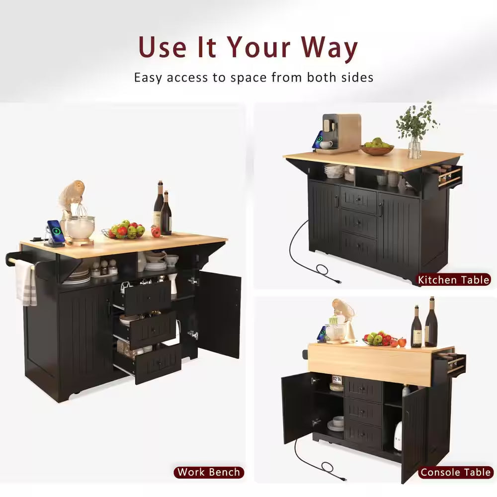 Rolling Black Double Drop Leaf Wood Tabletop 56 In. Kitchen Island with Power Outlet and Adjustable Shelves
