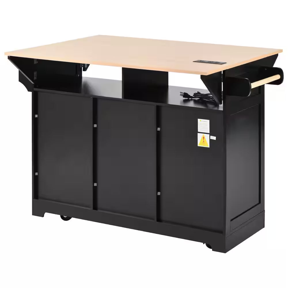 Rolling Black Double Drop Leaf Wood Tabletop 56 In. Kitchen Island with Power Outlet and Adjustable Shelves