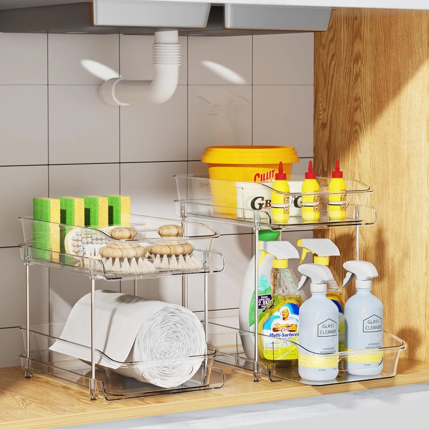 2 Sets of 2-Tier Clear under Sink Organizers and Storage, Multi-Purpose Stackable Cabinet Organizers, Pull Out Bathroom Organization and Storage with Dividers