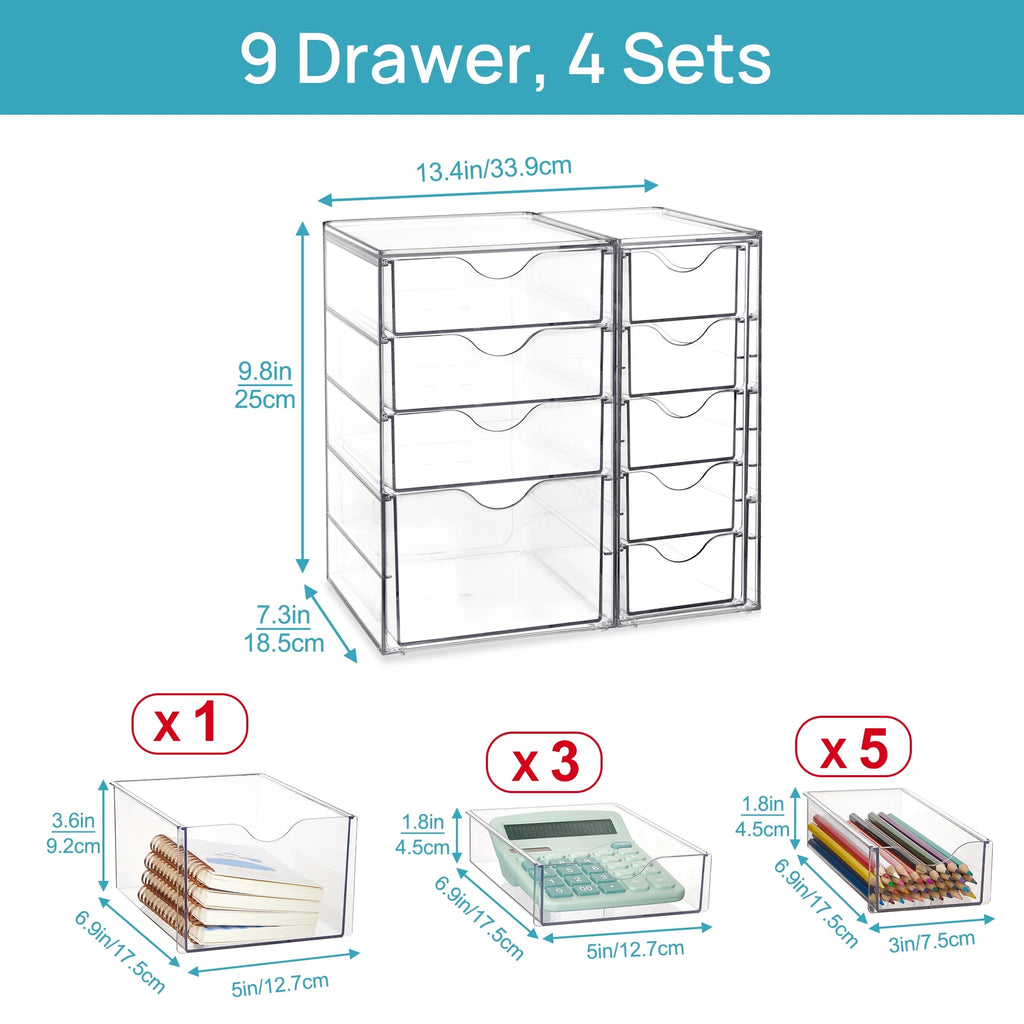 Acrylic Organizer with 9 Drawers,Clear Storage Drawers,Organizer Bins for Makeup,Cosmetics,Beauty Supplies