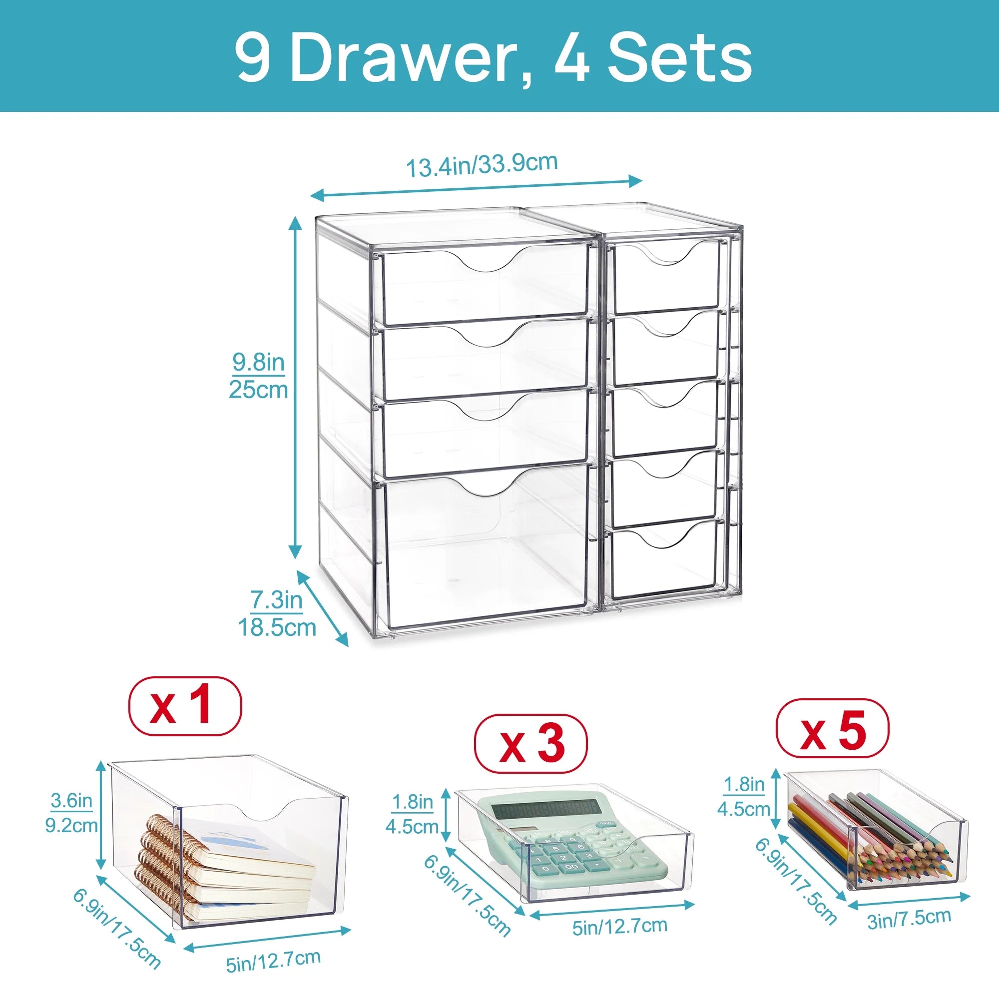 Acrylic Organizer with 9 Drawers,Clear Storage Drawers,Organizer Bins for Makeup,Cosmetics,Beauty Supplies