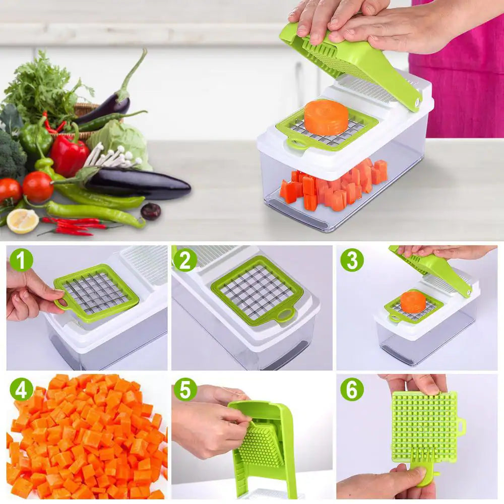 Vegetable Slicer Stainless Steel Built-In Blade Choppers & Presses with 3 Blades and Container