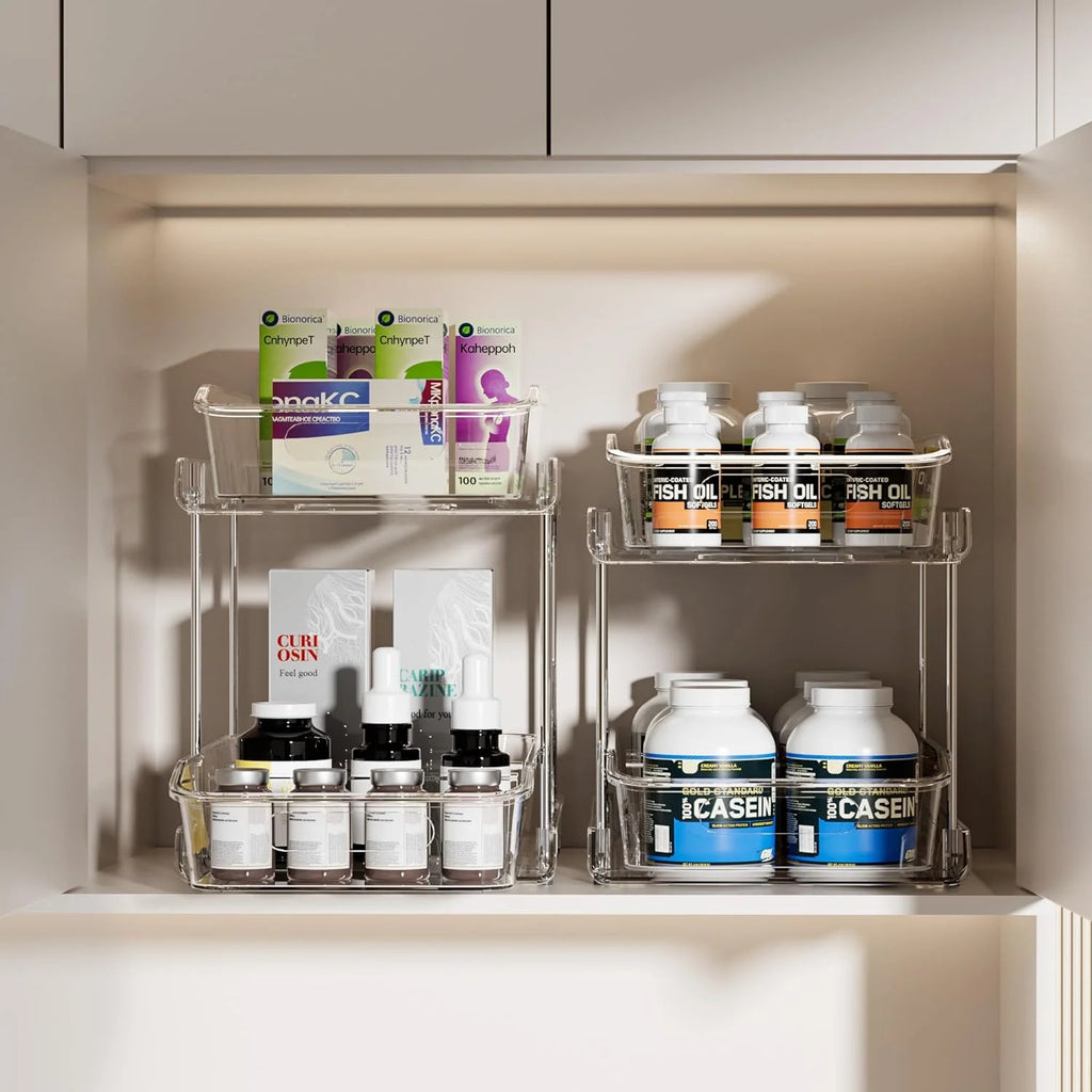 2 Sets of 2-Tier Clear under Sink Organizers and Storage, Multi-Purpose Stackable Cabinet Organizers, Pull Out Bathroom Organization and Storage with Dividers