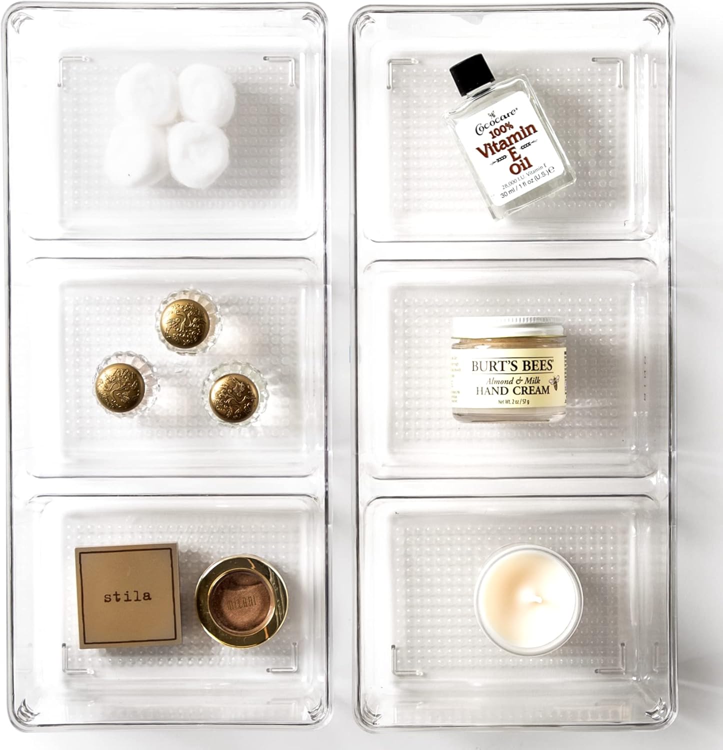 | 3-Compartment Plastic Drawer Organizer, Clear - 2 Pack | the ARTISAN+ | Multi-Use Storage Bins | Removable Silicone Base and Non-Slip Rubber Feet | Makeup Organizer for Vanity | Desk Organizers