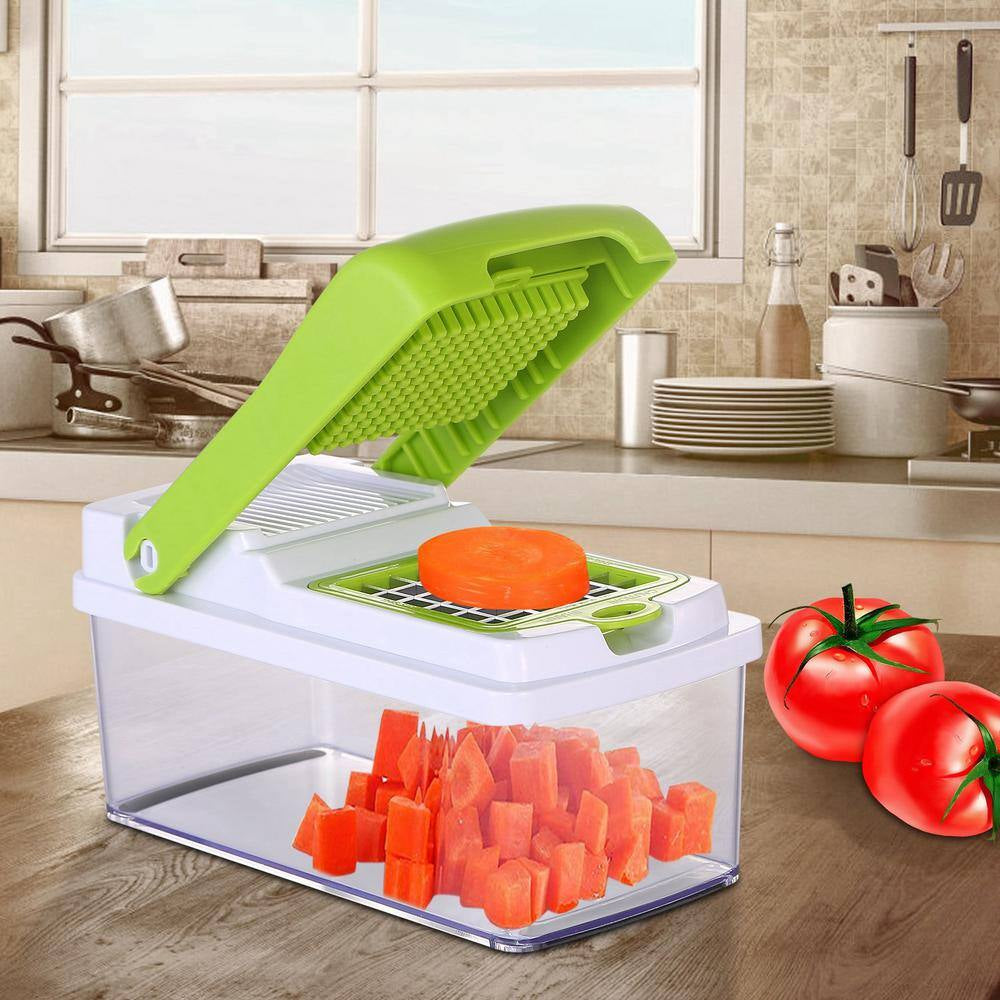 Vegetable Slicer Stainless Steel Built-In Blade Choppers & Presses with 3 Blades and Container