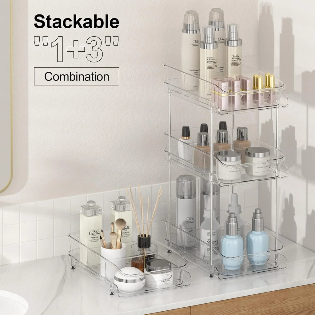 2 Sets of 2-Tier Clear under Sink Organizers and Storage, Multi-Purpose Stackable Cabinet Organizers, Pull Out Bathroom Organization and Storage with Dividers