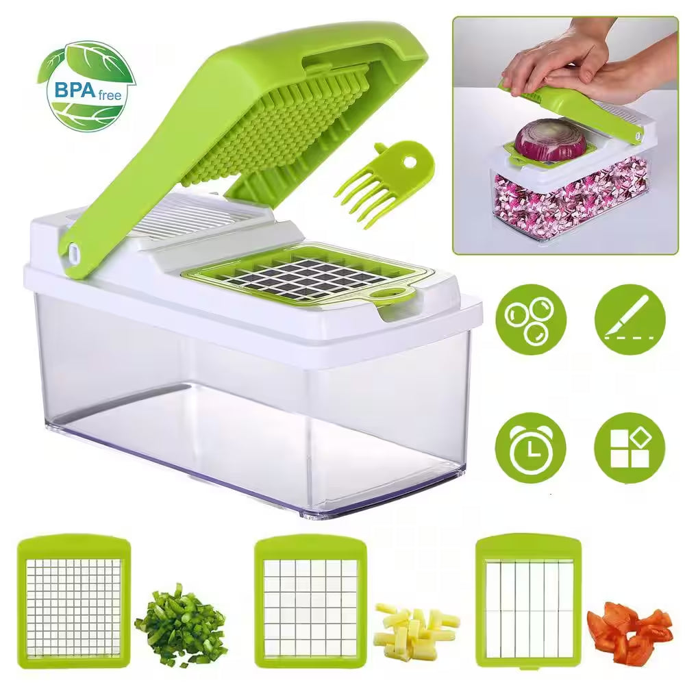 Vegetable Slicer Stainless Steel Built-In Blade Choppers & Presses with 3 Blades and Container