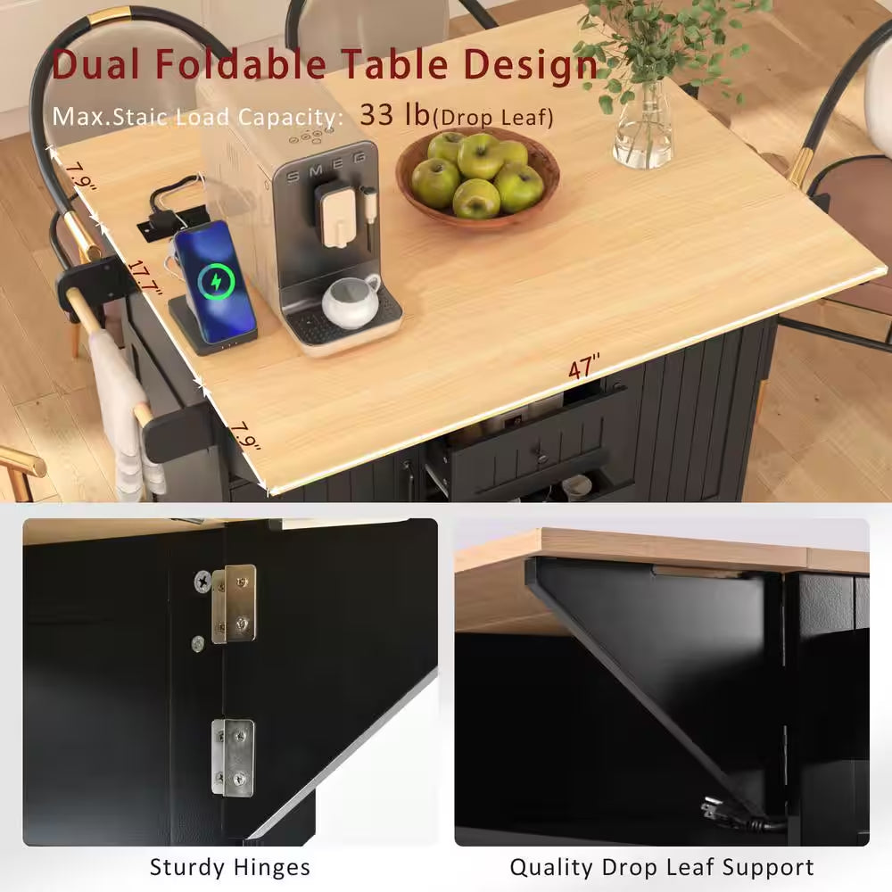 Rolling Black Double Drop Leaf Wood Tabletop 56 In. Kitchen Island with Power Outlet and Adjustable Shelves