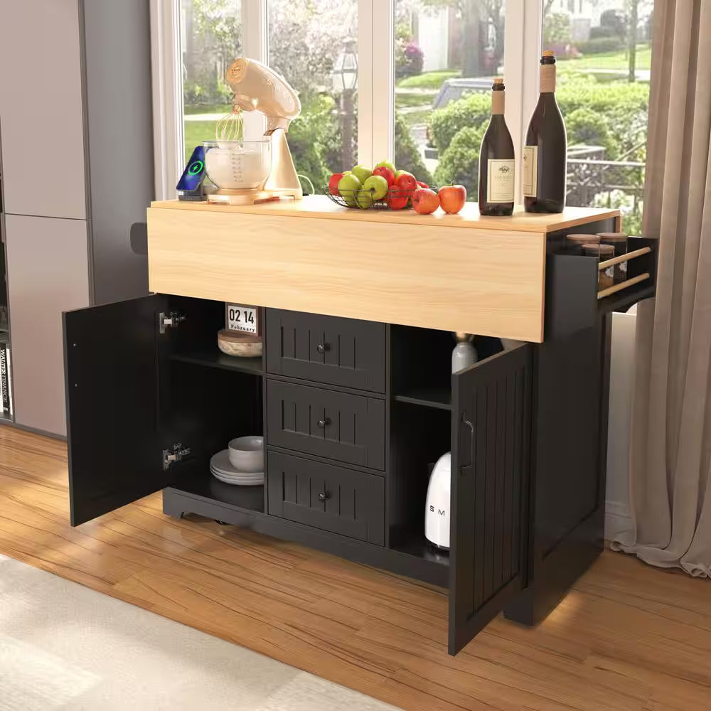Rolling Black Double Drop Leaf Wood Tabletop 56 In. Kitchen Island with Power Outlet and Adjustable Shelves