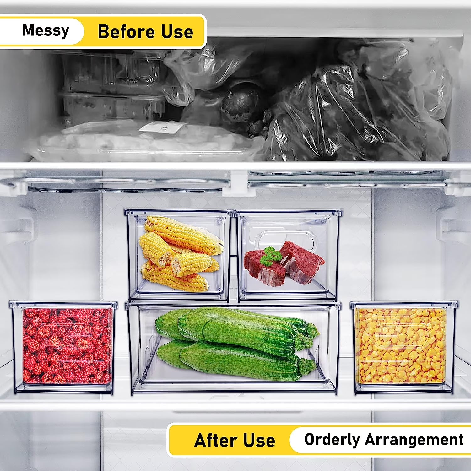 4 Pack Refrigerator Organizer Bins with Pull-Out Drawer Stackable Clear Fridge Drawer Organizer Fruit Vegetable Storage Containers for Kitchen Pantry Organization (2 Large+2 Small)