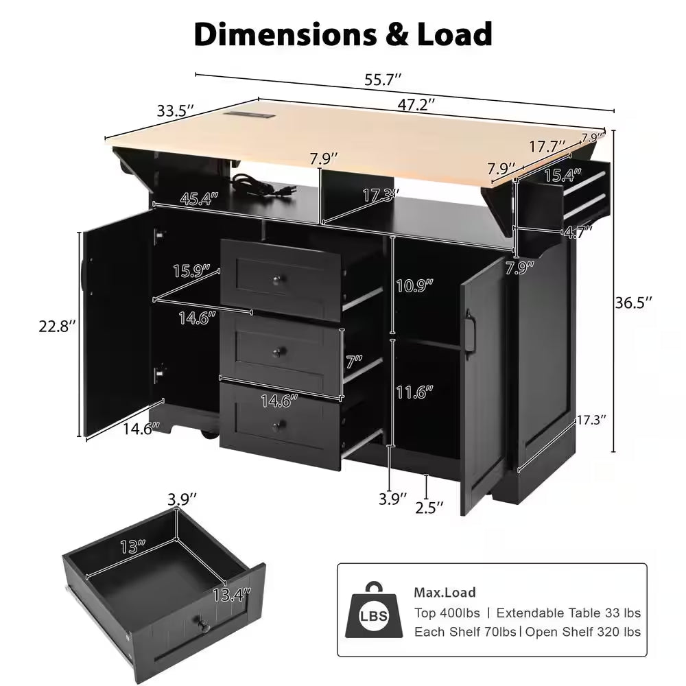 Rolling Black Double Drop Leaf Wood Tabletop 56 In. Kitchen Island with Power Outlet and Adjustable Shelves