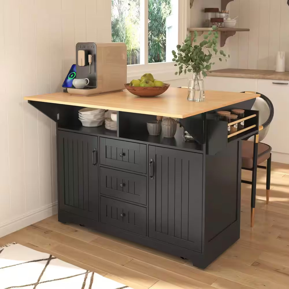 Rolling Black Double Drop Leaf Wood Tabletop 56 In. Kitchen Island with Power Outlet and Adjustable Shelves