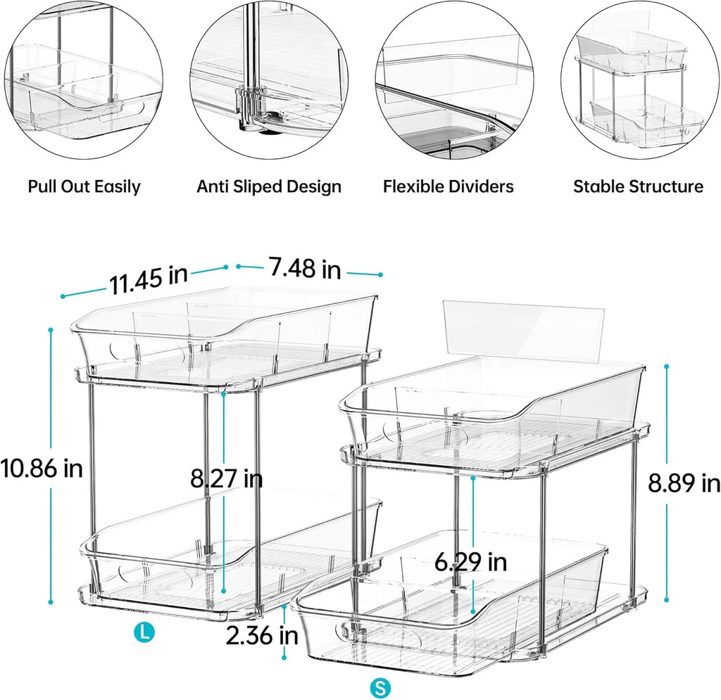 2 Sets of 2-Tier Clear under Sink Organizers and Storage, Multi-Purpose Stackable Cabinet Organizers, Pull Out Bathroom Organization and Storage with Dividers
