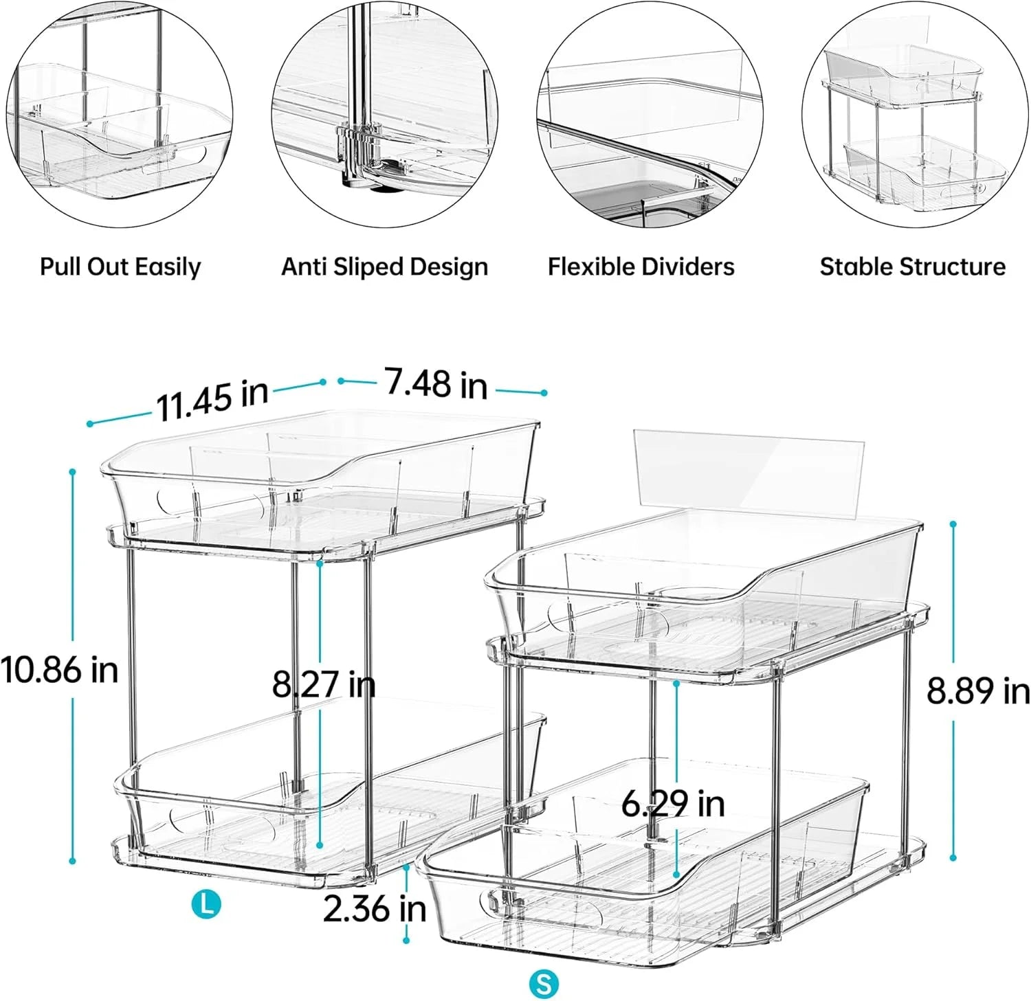 2 Sets of 2-Tier Clear under Sink Organizers and Storage, Multi-Purpose Stackable Cabinet Organizers, Pull Out Bathroom Organization and Storage with Dividers