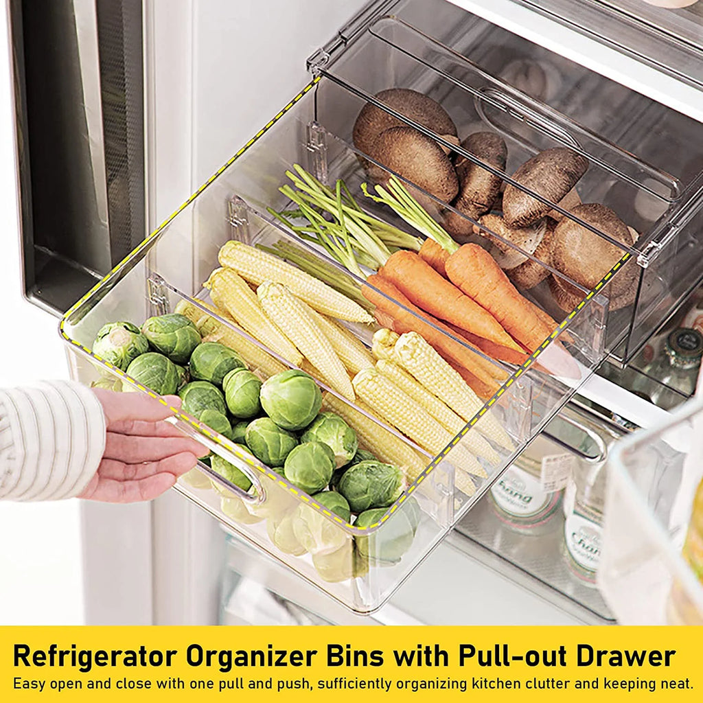 4 Pack Refrigerator Organizer Bins with Pull-Out Drawer Stackable Clear Fridge Drawer Organizer Fruit Vegetable Storage Containers for Kitchen Pantry Organization (2 Large+2 Small)