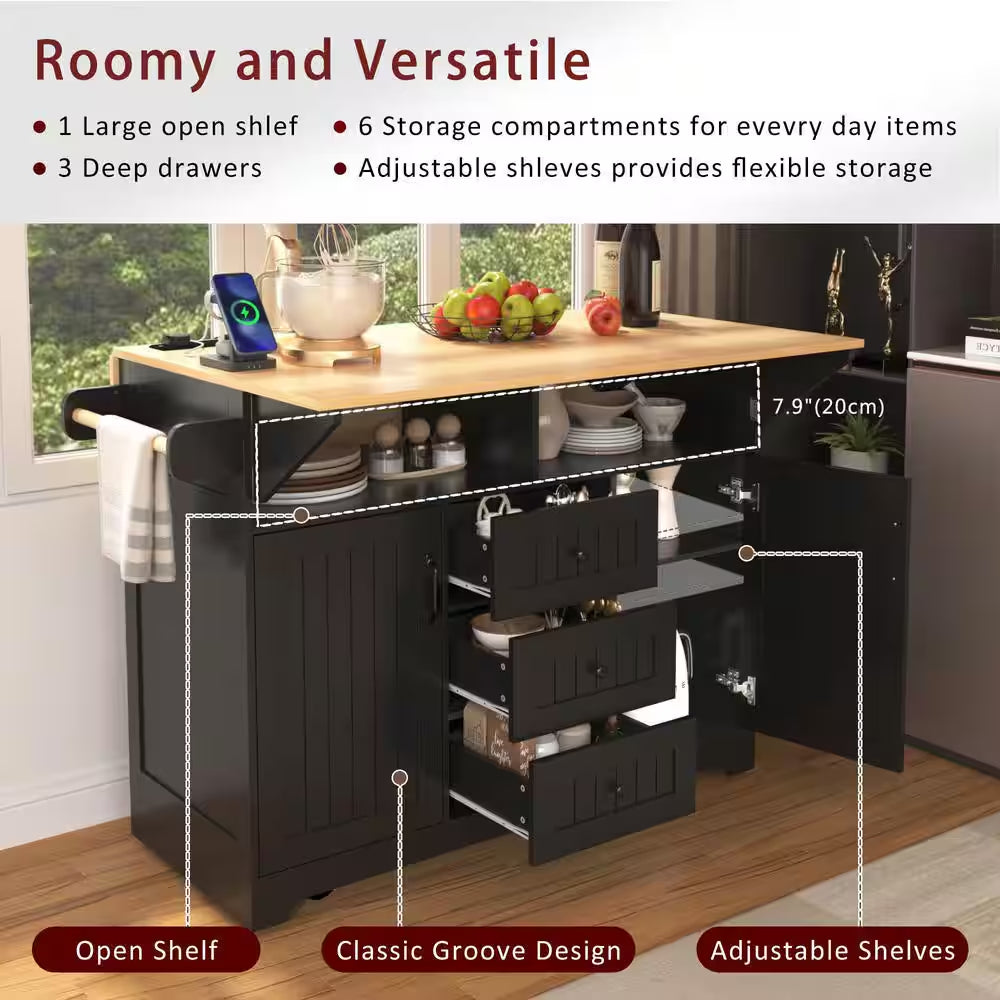 Rolling Black Double Drop Leaf Wood Tabletop 56 In. Kitchen Island with Power Outlet and Adjustable Shelves