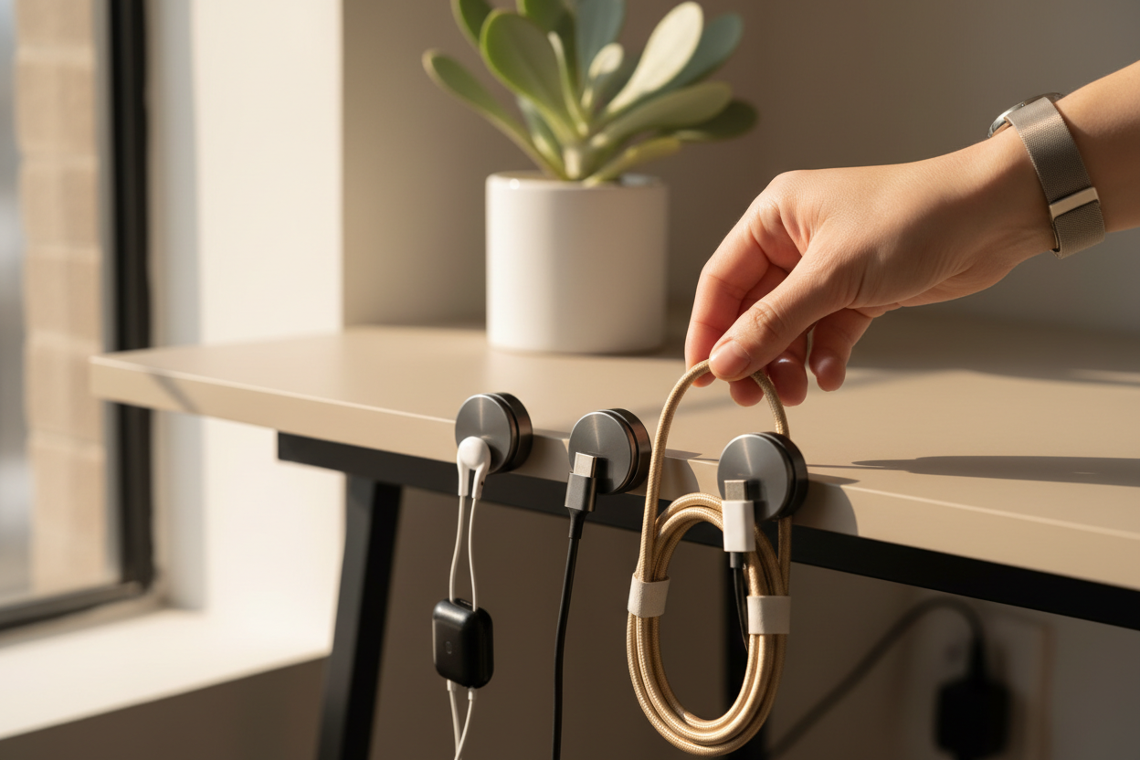 Magnetic Cable Organizer in action on a desk